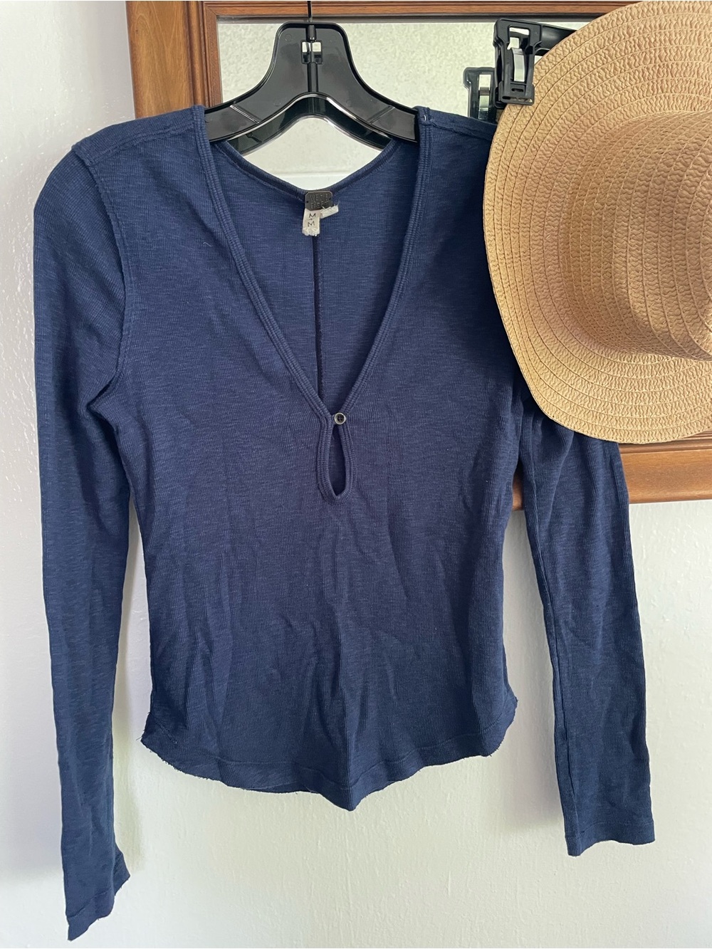 We The Free Navy Long Sleeve V-Neck Top with Ring Detail